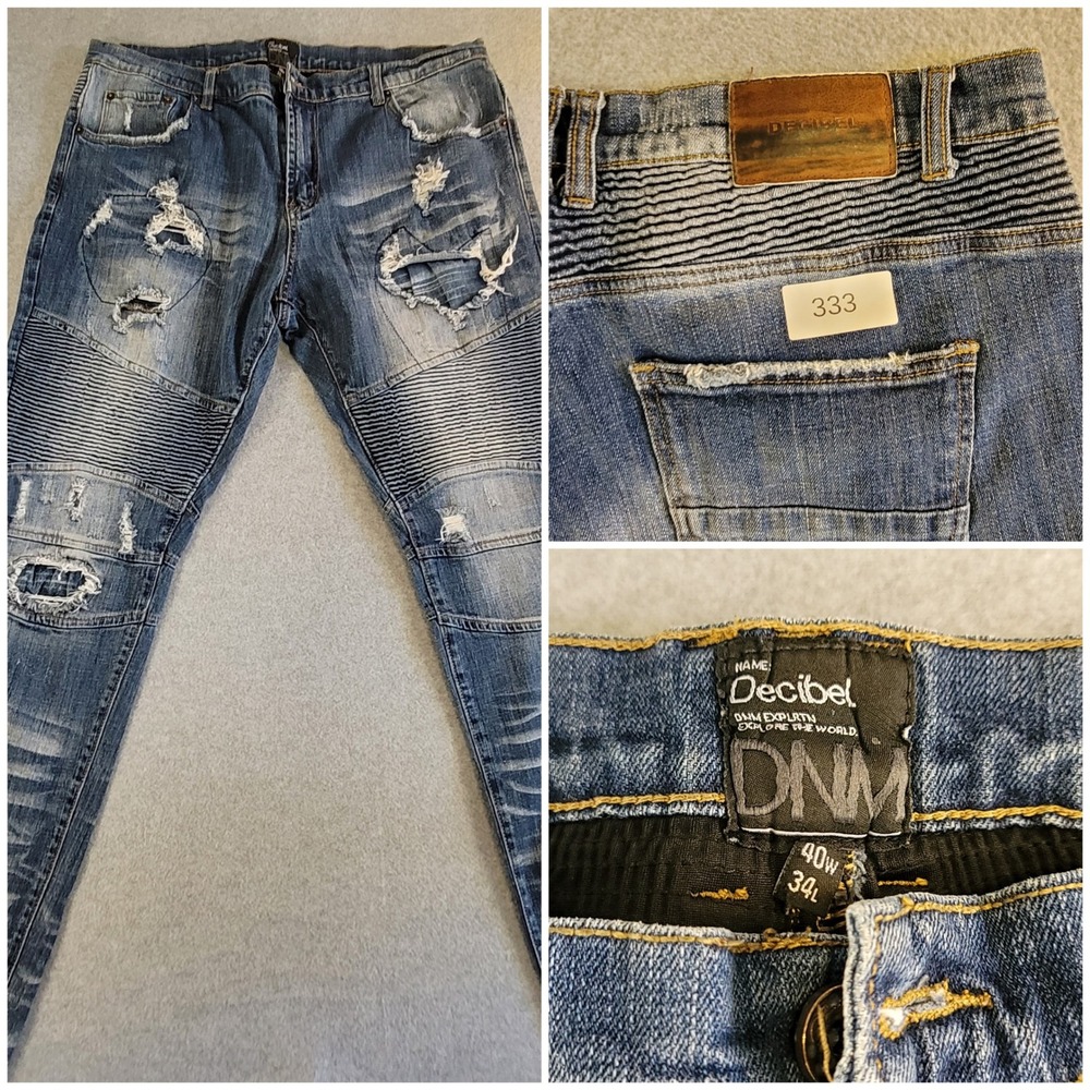 Decibel DNM Mens Moto Biker Jeans Blue Distressed Ribbed Denim 40W 34L